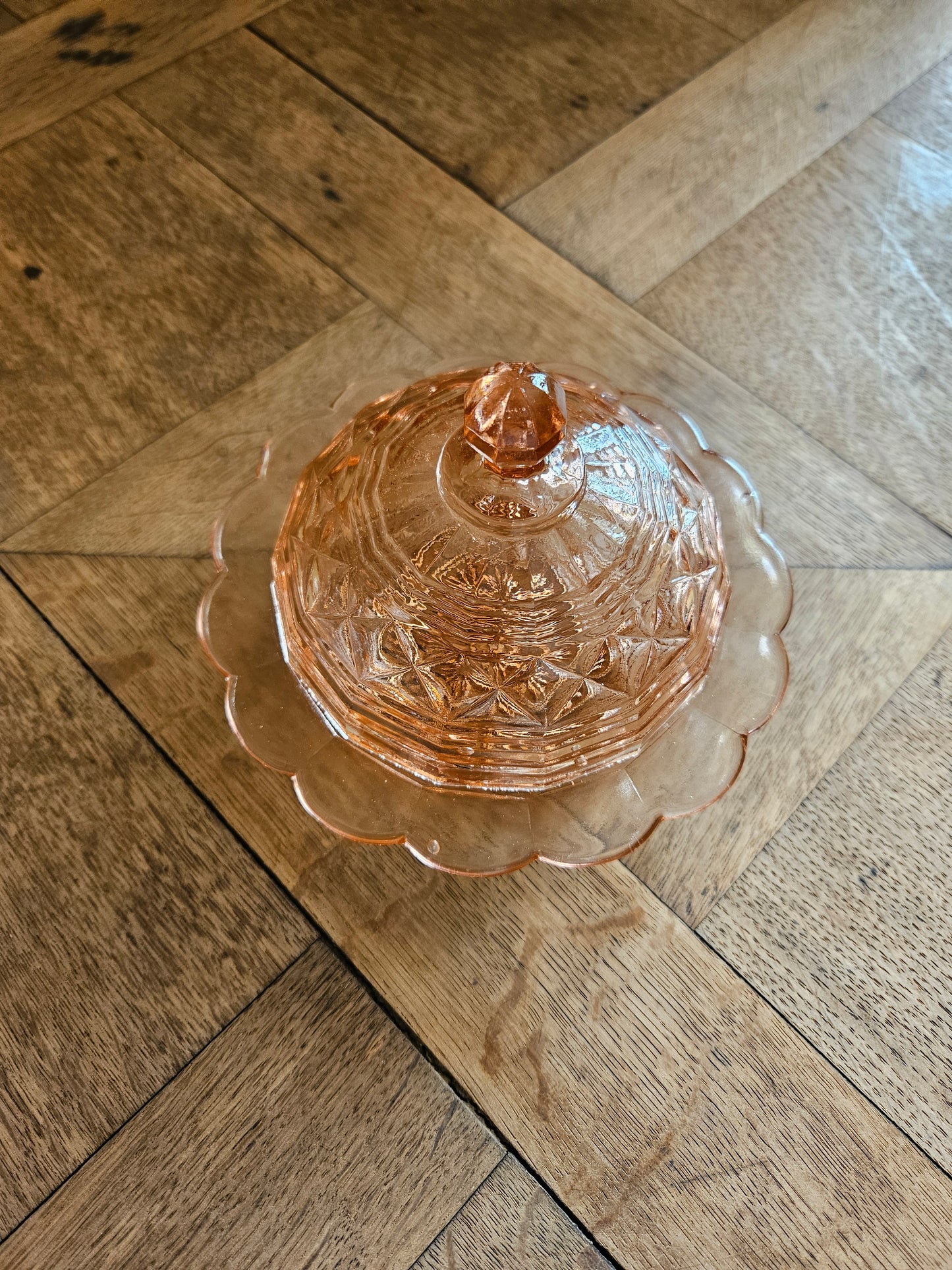 Bonbonnière vintage style shabby chic en verre rosaline