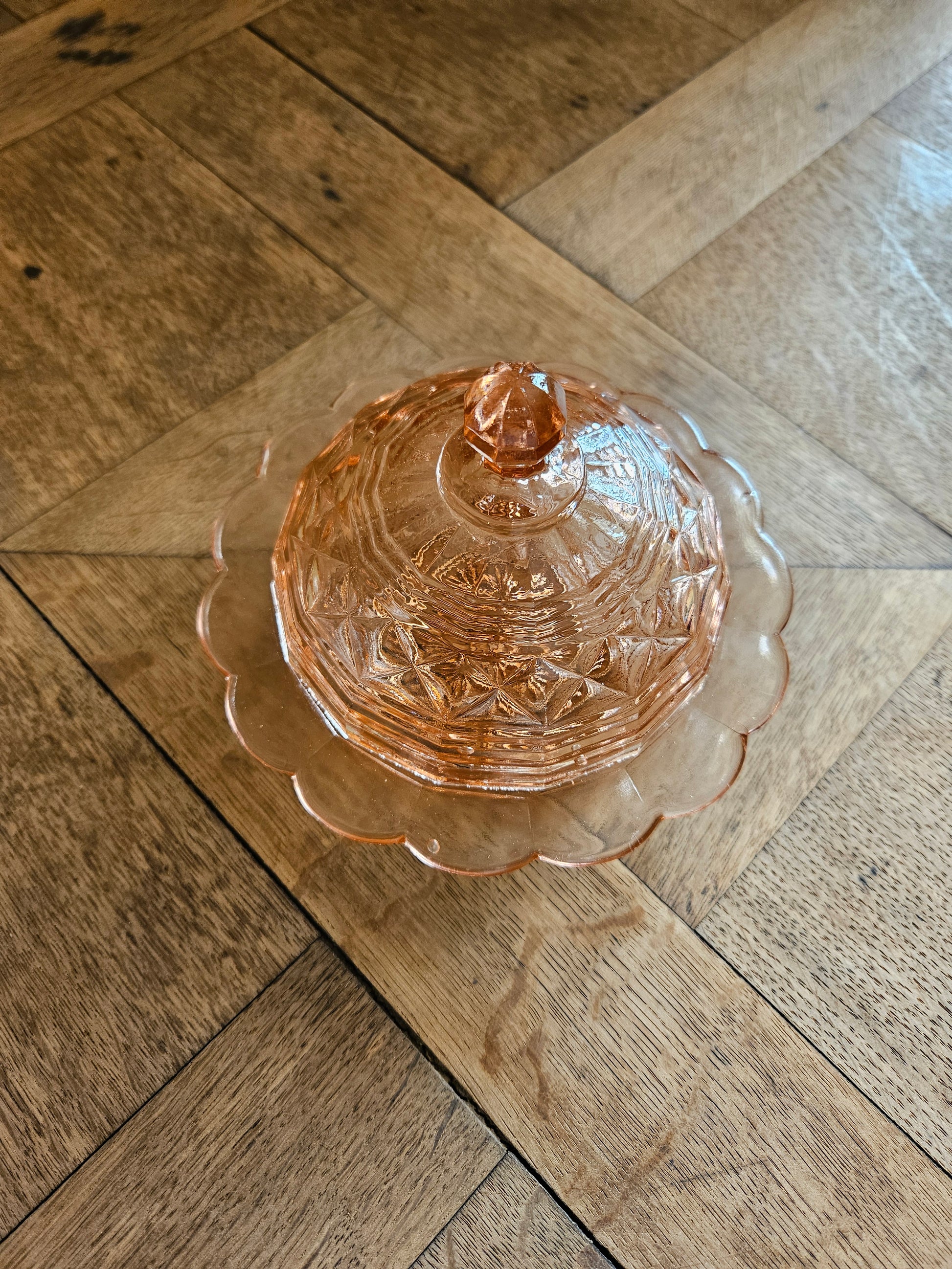 Bonbonnière vintage style shabby chic en verre rosaline