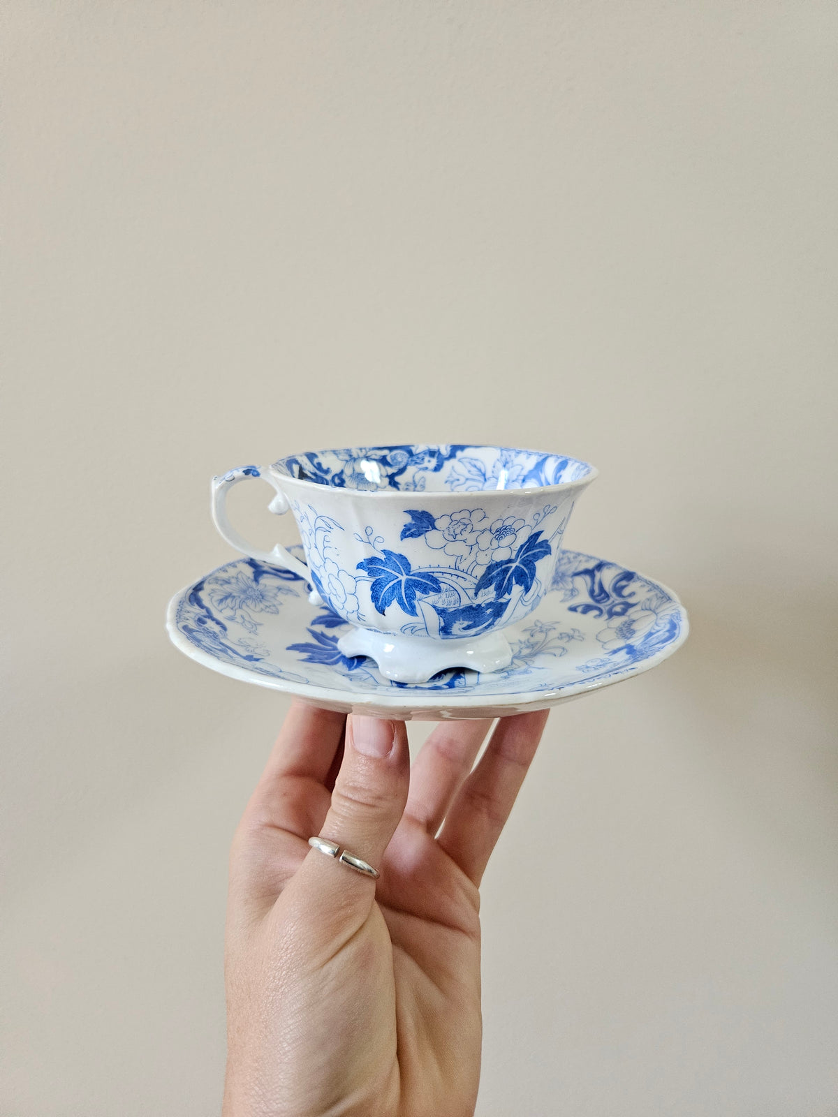 Tasse et sous-tasse anciennes Creil et Montereau, LM & C. Porcelaine feldspath. Décor dragons, oiseaux, papillons