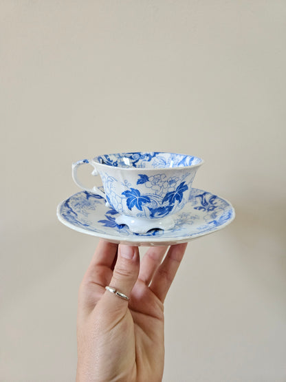 Tasse et sous-tasse anciennes Creil et Montereau, LM & C. Porcelaine feldspath. Décor dragons, oiseaux, papillons