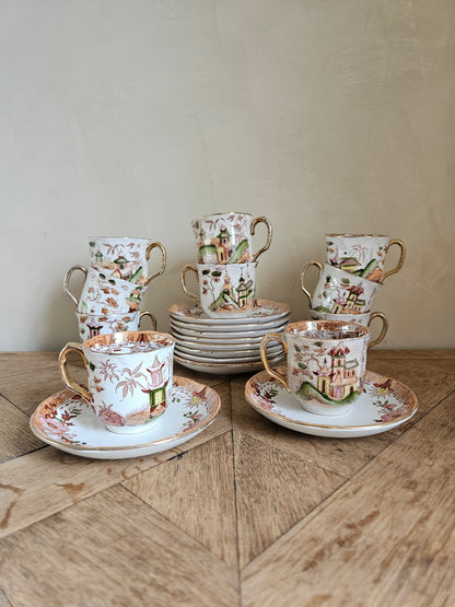 Tasses et sous tasses anciennes Digoin et Sarreguemines décor japonisant