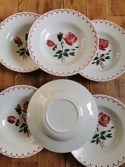 Assiettes creuses Badonviller, rose rouge