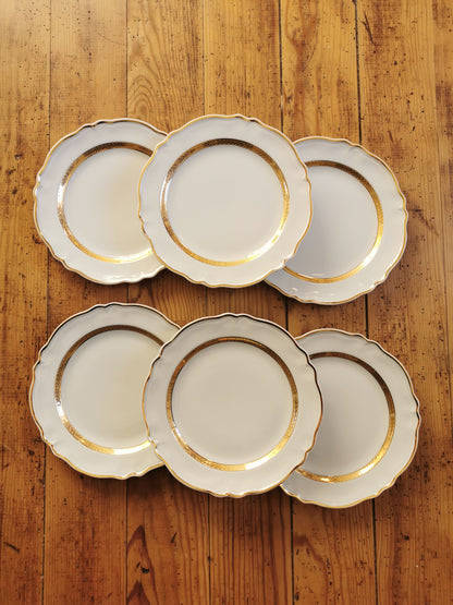 Assiettes à dessert, porcelaine Limoges, dorées